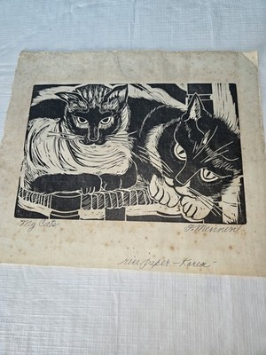 Rare Art Fannie Mennen ''My Cats'' On Rice Paper