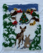 Vintage Christmas Latch Hook Wall Hanging Deer Rabbit Town Village Winter
