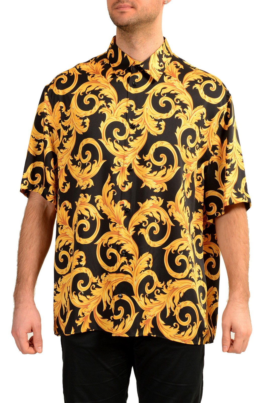 Versace Men's Signature Print Black - Gold Short Sleeve Shirt US 4XL IT 60