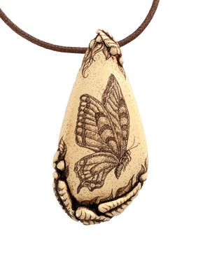Vintage 1995 R.H. Badeau Etched Scrimshaw Style Butterfly Flower Signed Necklace