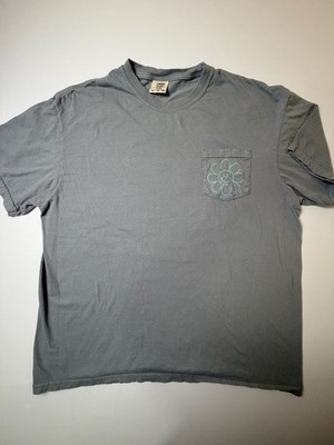 Comfort Colors Grey Pocket T-Shirt Embroidered Smiley Flower Logo Size L