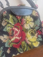 Vintage 1960s Jana Carpetbag Purse Satchel Bag Handles Black With Roses Tapestry