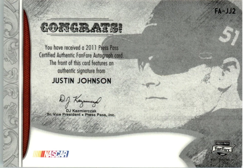 2011 Press Pass FanFare Autographs Bronze #35 Justin Johnson Auto /250 - RAC - Image 2 of 2