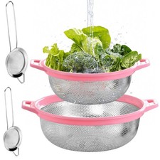 2 Pcs Stainless Steel Colanders, Pink Kitchen Sieve Bowls with 2 Pcs Fine Mes...