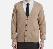 KALLSPIN Cashmere Wool Blend Tan V Neck Button Cardigan Sweater Men's LARGE NWT