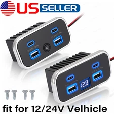 4-Port 12V-24V Dual Type C & USB A Car Fast Charger Power Socket Outlet Cars RV