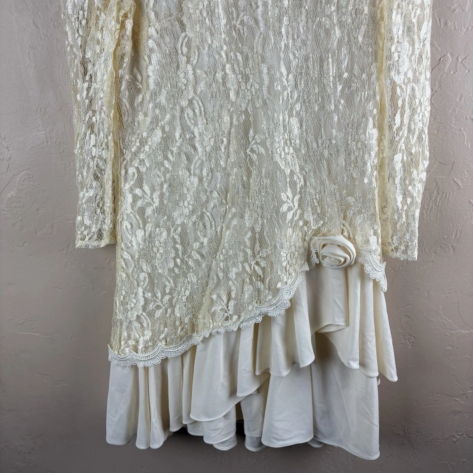 Vestido Vintage David Rose Flapper Crema Manga Larga Cuello Redondo Encaje Boda 12P Foto 3 de 4