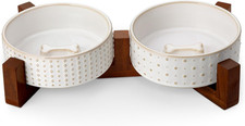 Dog Bowl Set with Walnut Wood Stand, 1.5 Cups Ceramic Pet Bowls for Puppy Dogs,
