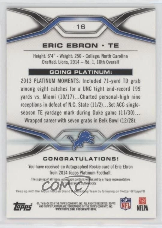 2014 Topps Platinum Auto Rookie Refractor Eric Ebron #16 Auto RC - Image 2 of 2
