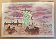 disegno acquerello marina con barca '900