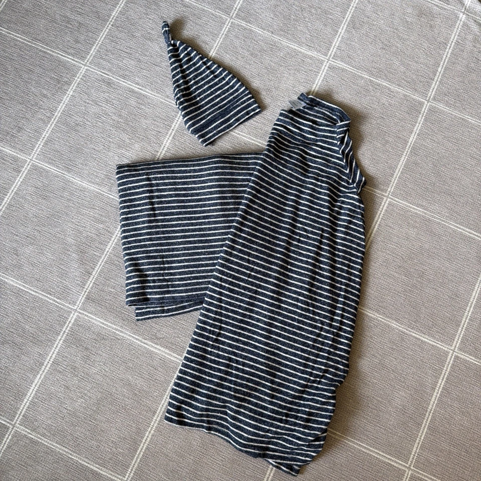 aden от aden + anais 3шт комплект вязаный пеленки одеяло, шляпа и чехол темно-синий полоски - Изображение 2 из 4