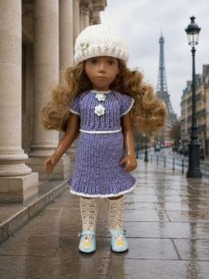 16  Sasha Doll Outfit   Handmade Lavender Knitted Dress, Beret & Socks