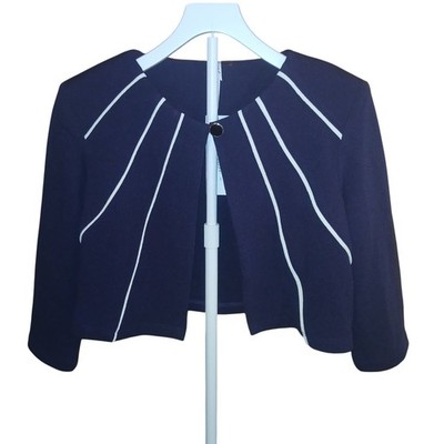 NY Collection Navy Blue White Striped Cropped Shrug Bolero Jacket Petite 4P NEW