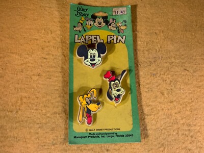 S8-2 WALT DISNEY CHARACTER - LAPEL PINS MICKEY, GOOFEY, PLUTO - 1970 s - NOS