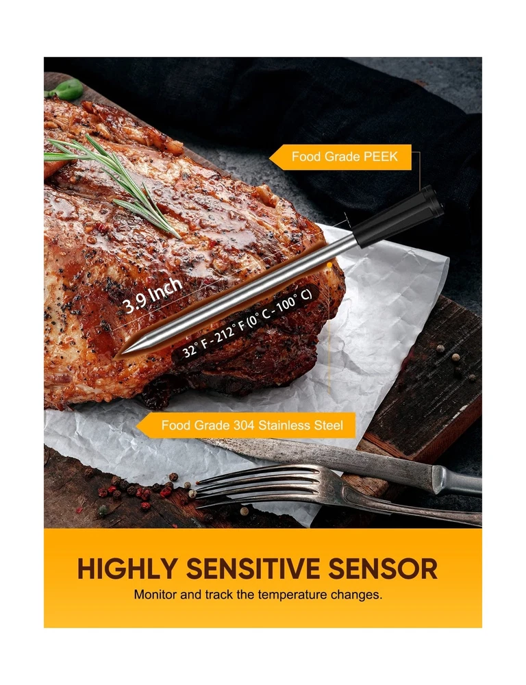 Wireless Meat Thermometer, Food Thermometer with 165ft Wireless Range, Smart ...