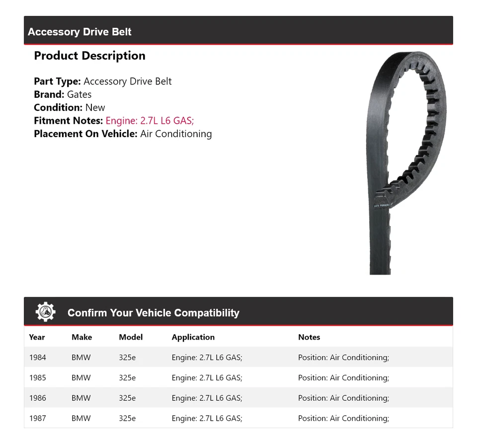 Para BMW 325e 1984-1987 2,7 L L6 accesorio de gas correa de transmisión puertas de aire acondicionado Foto 2 de 4