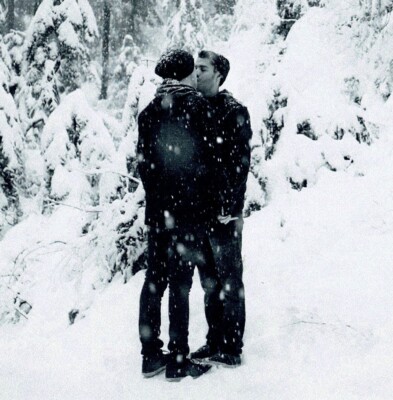 Two collegiate men kissing in the snow 2000s gay man's collection 4x4 reprint