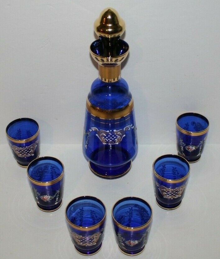 Vintage Colbalt Blue 24K Gilt Vecchia MURANO Hand Painted Decanter & Six  Glasses