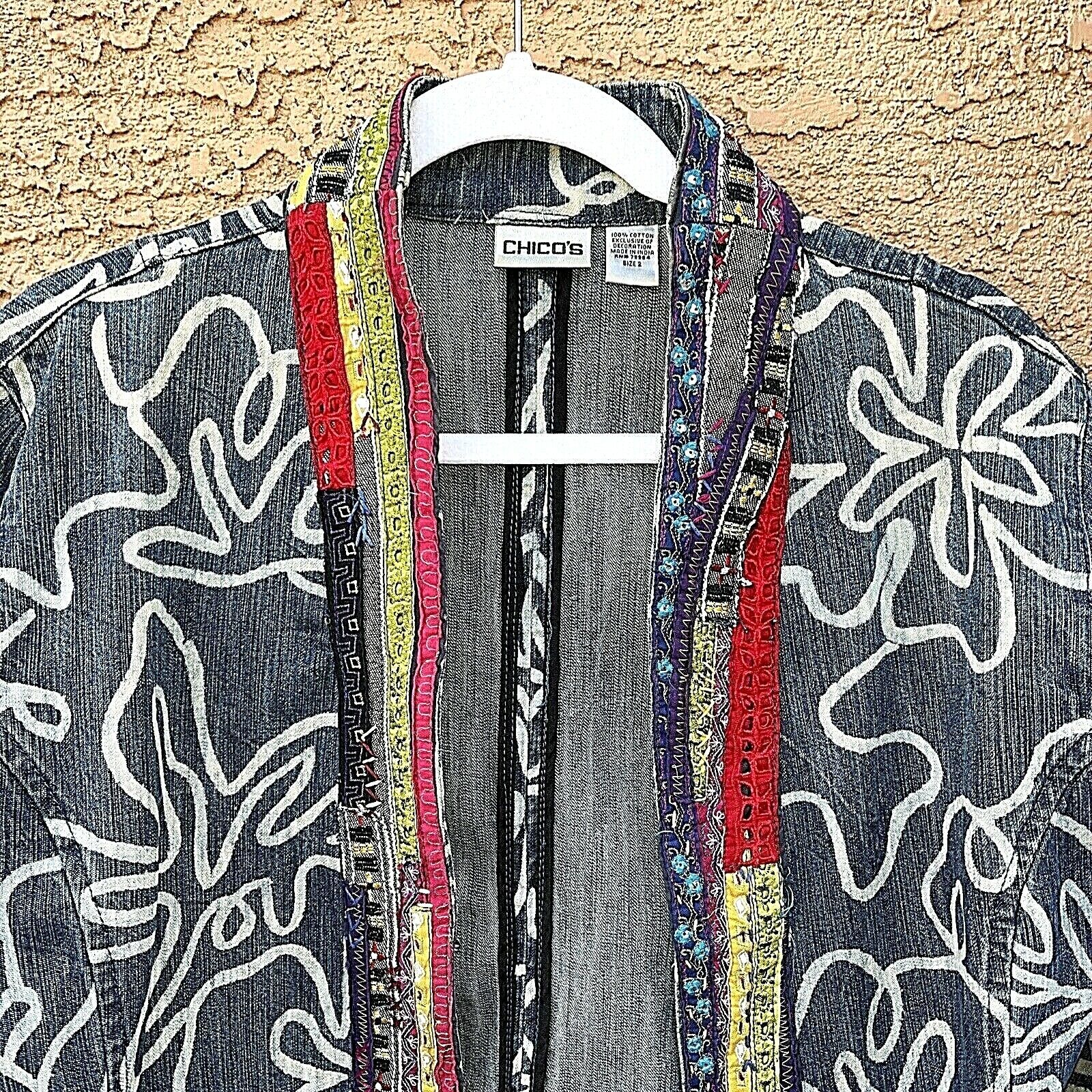 Chicos Denim Jacket 2 Embroidered Boho Open front… - image 1