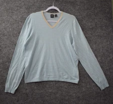 Hugo Boss Shirt Medium Blue White Striped Long Sleeve V-Neck Cotton Nylon