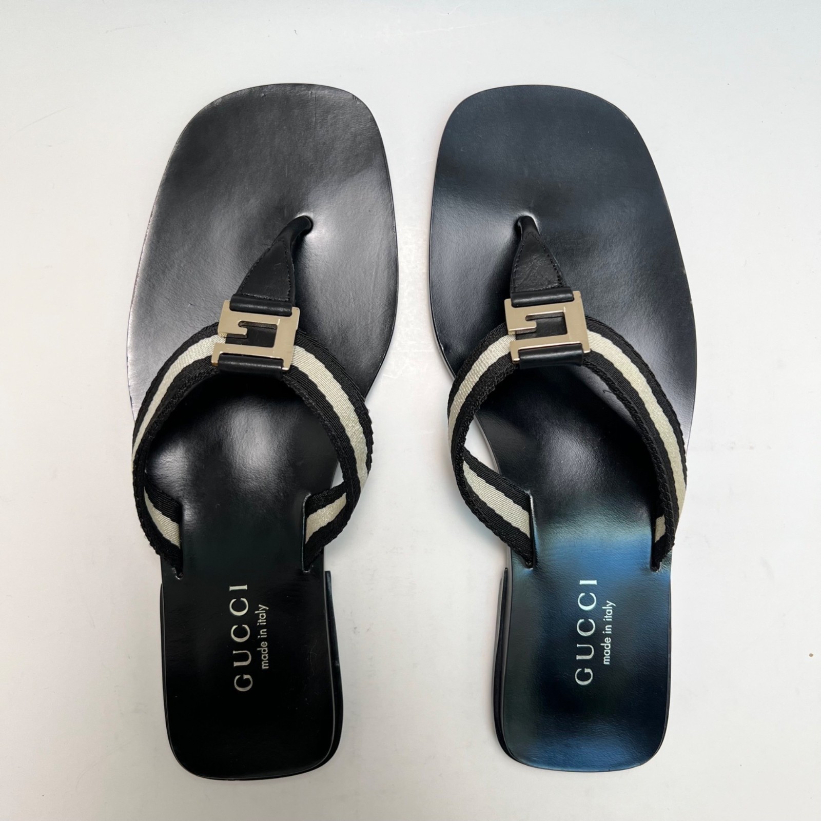 Vintage GUCCI Women's Striped Canvas Sandals With Gold "G" Women's Size 8.5 NEW