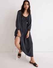 Madewell Blue Solid Scoop Neck A-Line Midi Dress 3/4 Balloon Sleeve Pockets