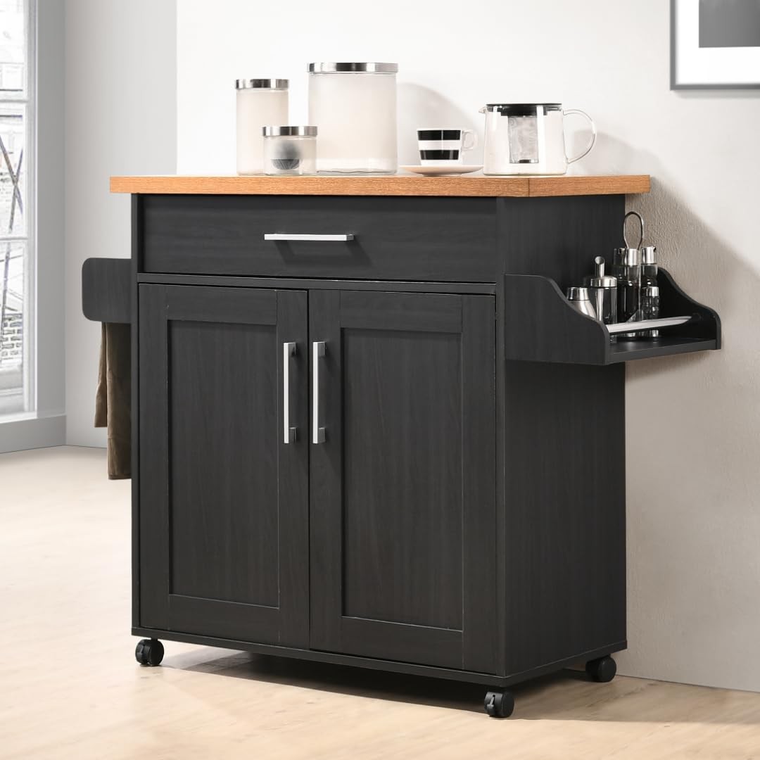 Hodedah Kitchen Island with Spice Rack, Towel & Drawer, Black Beech