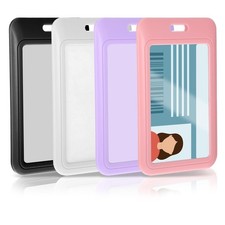 4 Pack Sliding ID Badge Holders, Heavy Duty Hard Plastic Vertical Card Protector