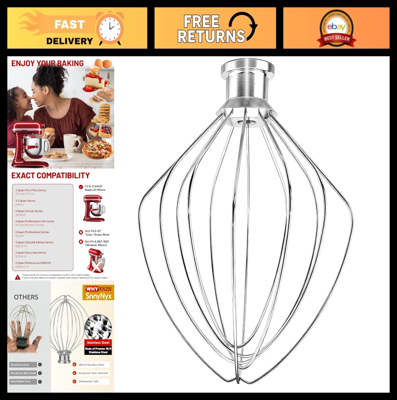 6 Wire Whip Attachment for 5-6 Quart Stand Mixer, Stainless Steel Balloon Whisk,