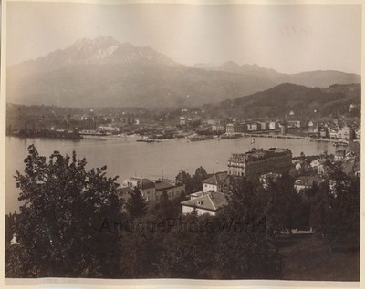 Luzerne Schweiz Hafen Luftbild antikes Albumin Foto von Sommer