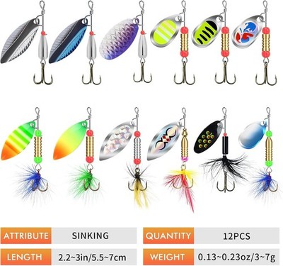 12 Pcs Spinner Baits Fishing Lures Copper Blade Rooster Tail Bass Trout Kit