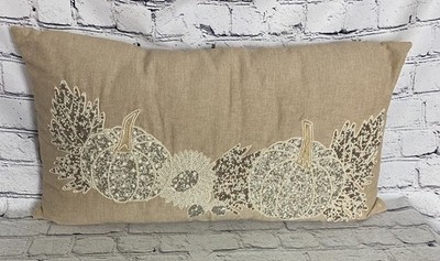 Devi Designs Beaded Fall  Pumpkins Thanksgiving Boho Throw Pillow Beige 25x10