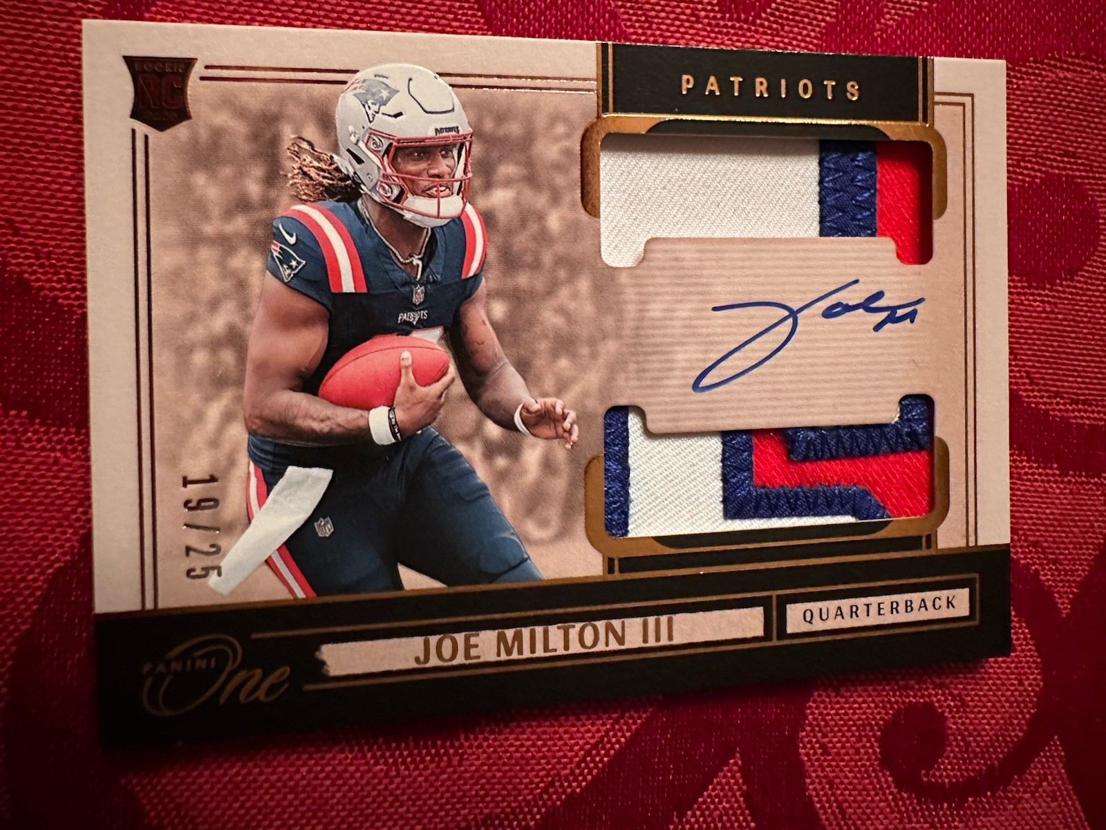 2024 Panini One Joe Milton III Rookie Dual Patch Auto Bronze RC # /25 Patriots
