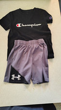Champion Under Armour Boys 2pc Set Size 6 Black Logo Tee Gray Shorts
