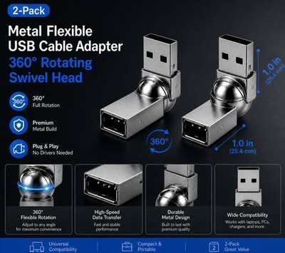 2 Metal Flexible USB Cable Adapter - Rotating Swivel Head - Male to Female Adapt