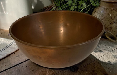 Vtg Copper Mixing Bowl Brass Ring Round Bottom Rolled Edge Patina 8.5'' Diameter