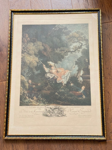 RARE Antique De Launay Swing Fragonard Art Watercolor Lithograph Painting 1800