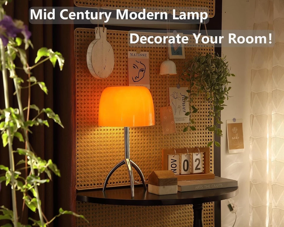 Orange Mushroom Lamp,Cute Mid Century Modern Lamp, Dimmable LED Bedside Retro - Image 3 of 4