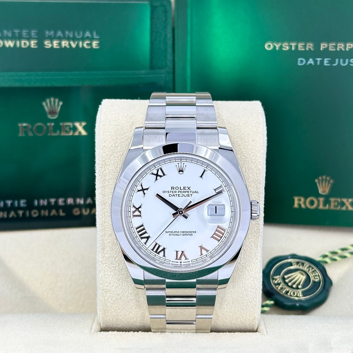 2025 Rolex Datejust 41, White Roman Oyster, Unworn Full Set