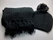 Chunky Knit Fur Pom Scarf Beanie Hat Set