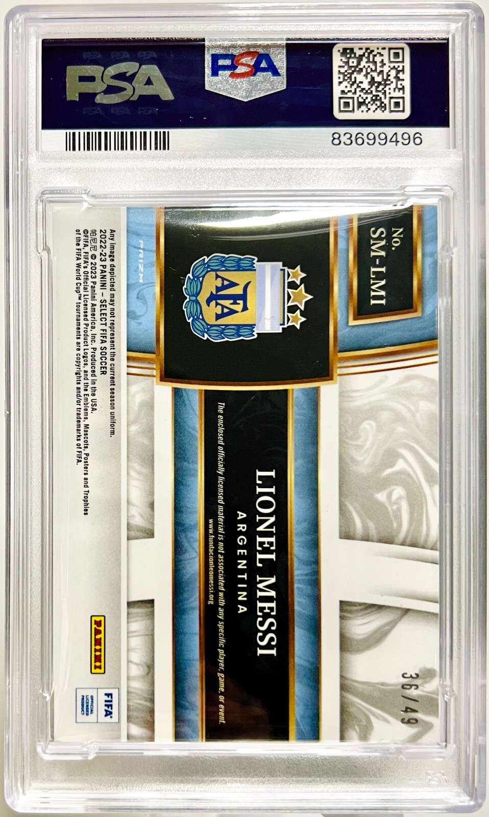 2022-23 Select FIFA #SMLMI Lionel Messi Patch /49 Purple PSA Authentic Auto view 3
