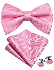 Pink Bow Tie Pocket Square Set for Men Pre-Tied Paisley Bowties Handkerchief ...