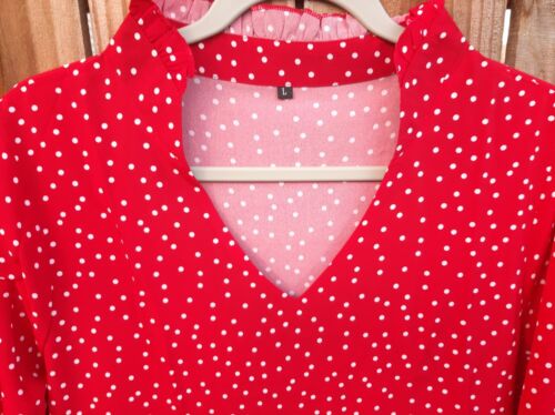 Red White Polka Dot Flowy Ruffle 3/4 Sleeve, V Neck Swing Knee Length Dress L - Picture 2 of 6