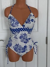 Athena 12D Blue/White V Neck Soft Cups Halter 1 Pce Swimsuit N w/out Tags 