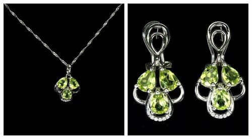 Silver Earring Pendant Peridot Genuine Natural Gems Solid Sterling With Chain - Picture 8 of 24