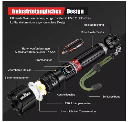 500000 Lumen Taschenlampe Set LED Extrem Hell Outdoor Wasserdicht IP67 Aufladbar - Bild 6 von 13