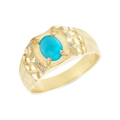 10k Yellow Gold Turquoise and Diamonds Vintage Style Women Wedding Ring - Picture 1 of 4