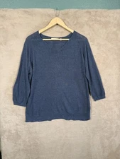 Niko And... Sweater Womens Size 4 Blue V Neck 3/4 Sleeve Linen Cotton Minimalist