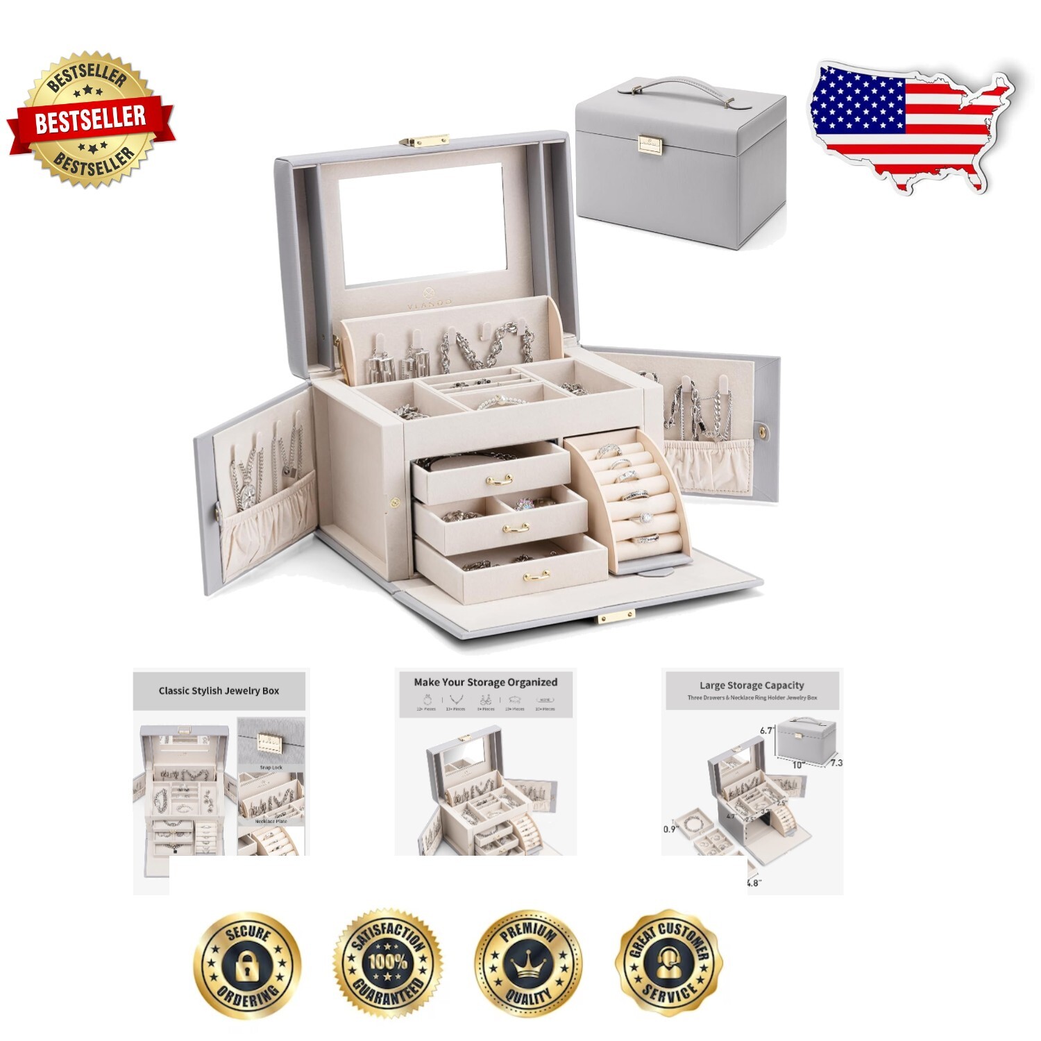 Stylish 3-Drawer Jewelry Storage Box with Velvet Lining for Protection