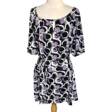 Apt. 9 Tunic Dress SZ L Purple Black White Abstract Geometric Mod Keyhole Belted